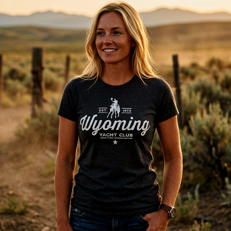 Wyoming Yacht Club - Women's Babydoll Script Tee (White/Black)