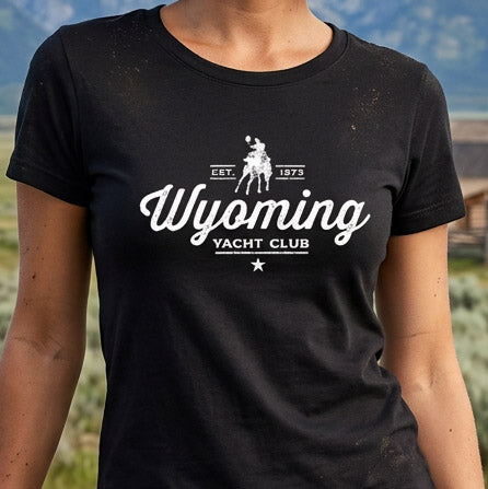 Wyoming Yacht Club - Women's Babydoll Script Tee (White/Black)