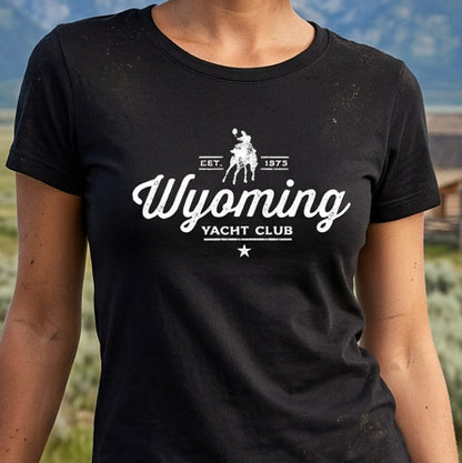Wyoming Yacht Club - Women's Babydoll Script Tee (White/Black)